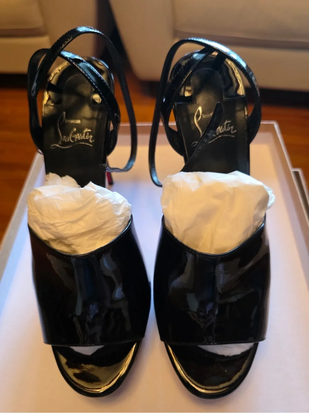 Christian Louboutin Black Patent Platform Slingback Heels with Red Sole Edge
